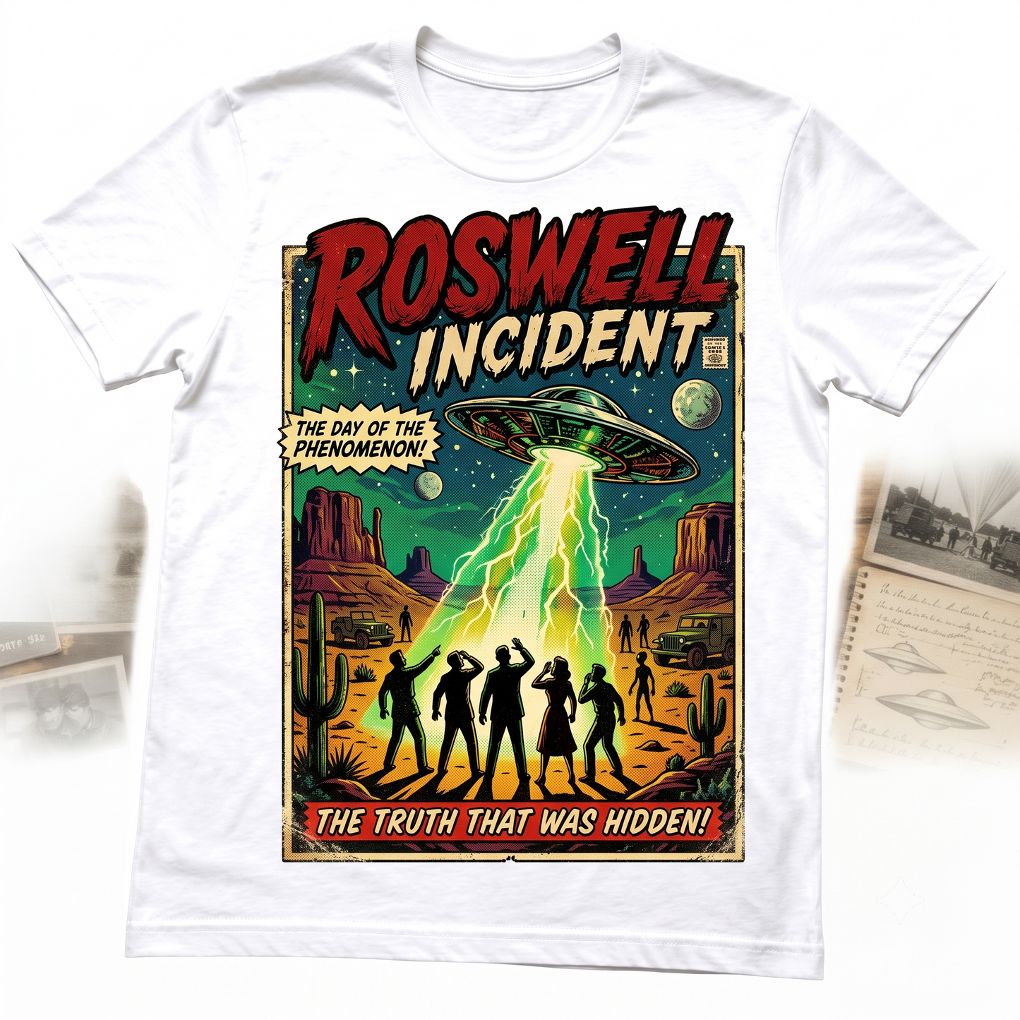 Vintage Roswell UFO Incident Graphic Tee - Retro Sci-Fi Alien Believer Flying Saucer Shirt Unisex T-shirt