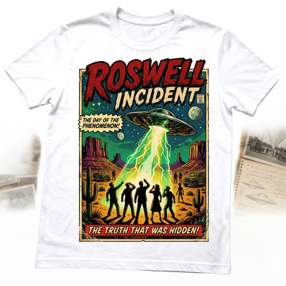 Vintage Roswell UFO Incident Graphic Tee - Retro Sci-Fi Alien Believer Flying Saucer Shirt Unisex T-shirt