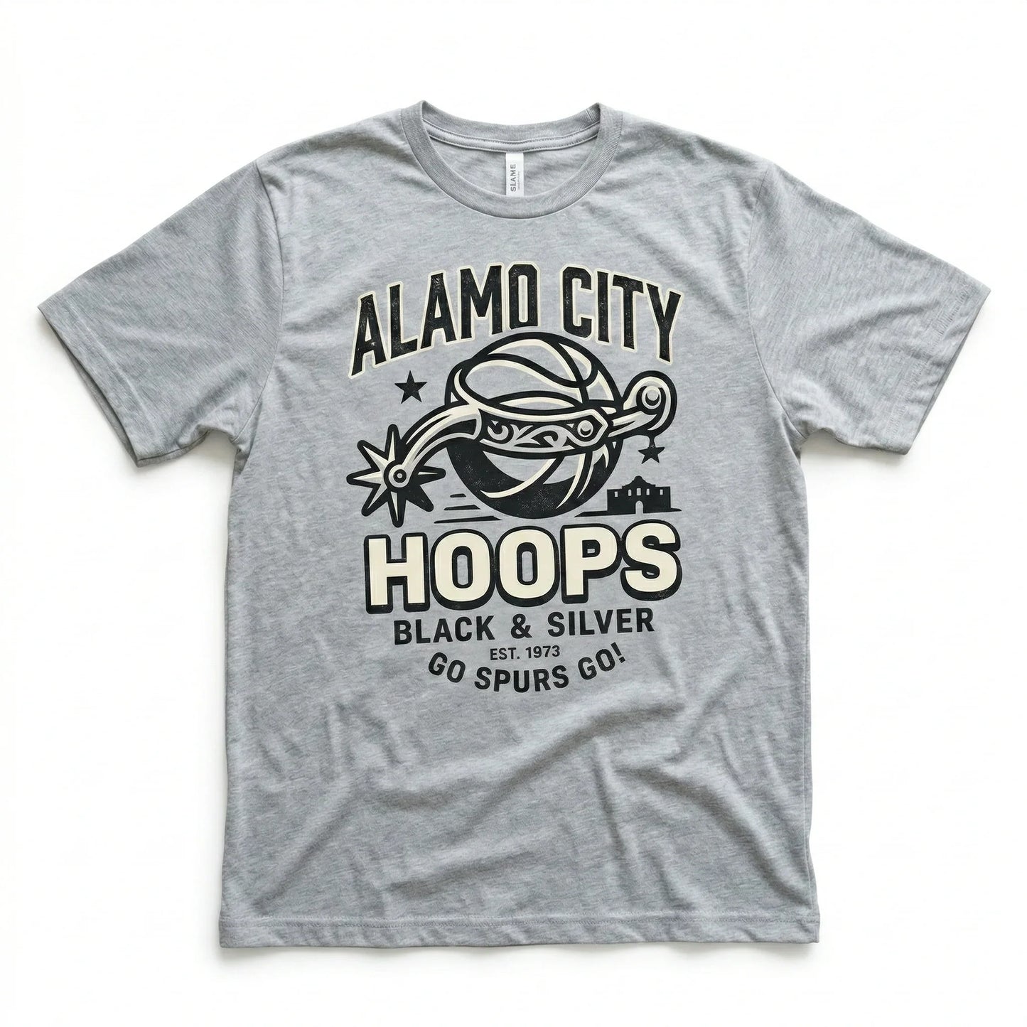 Gray t-shirt with Alamo City Hoops basketball graphic, text in black and cream lettering.
