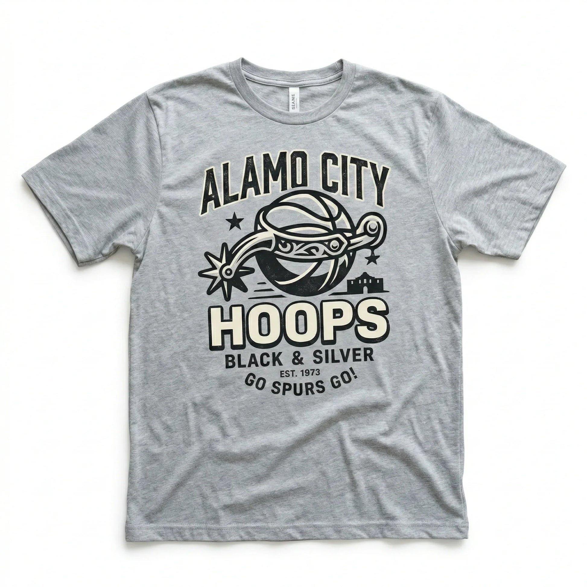 Gray t-shirt with Alamo City Hoops basketball graphic, text in black and cream lettering.