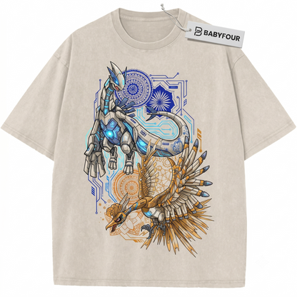 Legendary Guardian Birds Retro Graphic Tee - Vintage Silver & Gold Anime Unisex T-Shirt