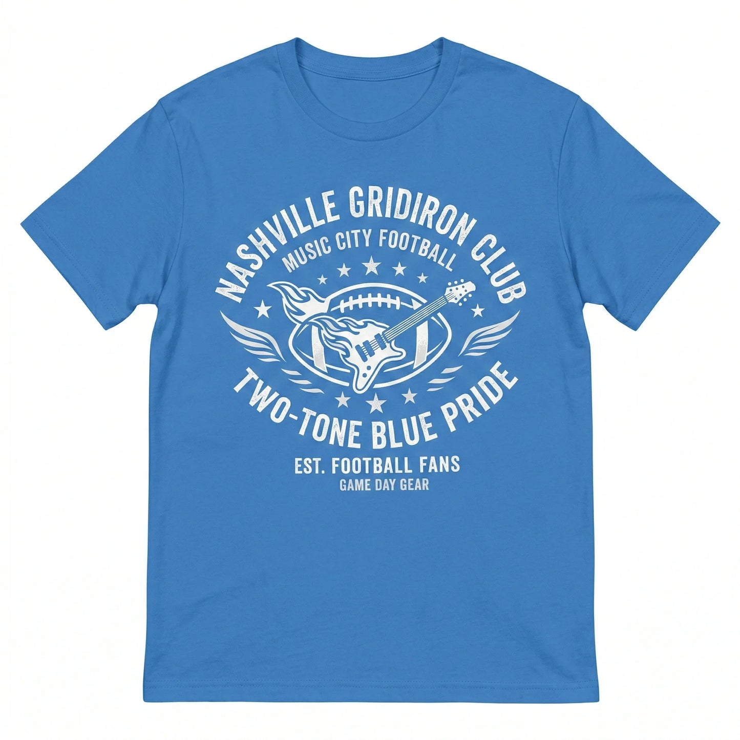 Blue t-shirt with Nashville Gridiron Club football and guitar graphic for fans