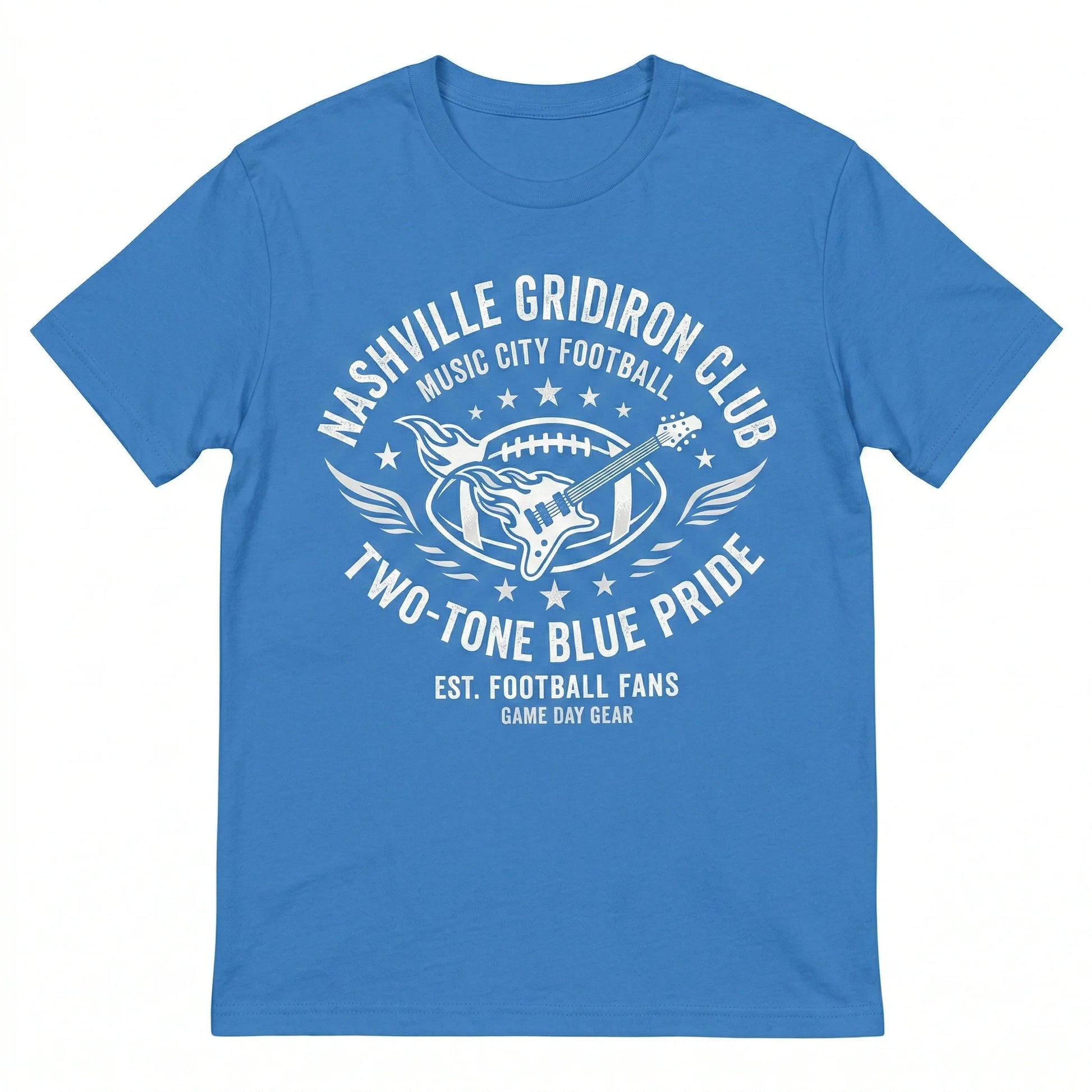 Blue t-shirt with Nashville Gridiron Club football and guitar graphic for fans