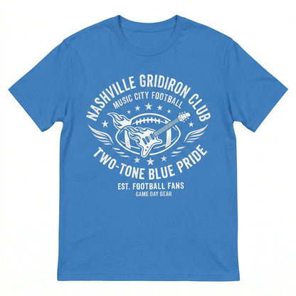Blue t-shirt with Nashville Gridiron Club football and guitar graphic for fans