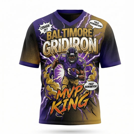 Men's Baltimore Football Comic Art Jersey - Purple Flock Gridiron MVP Graphic Shirt, 90s Bootleg Style Tailgate Top