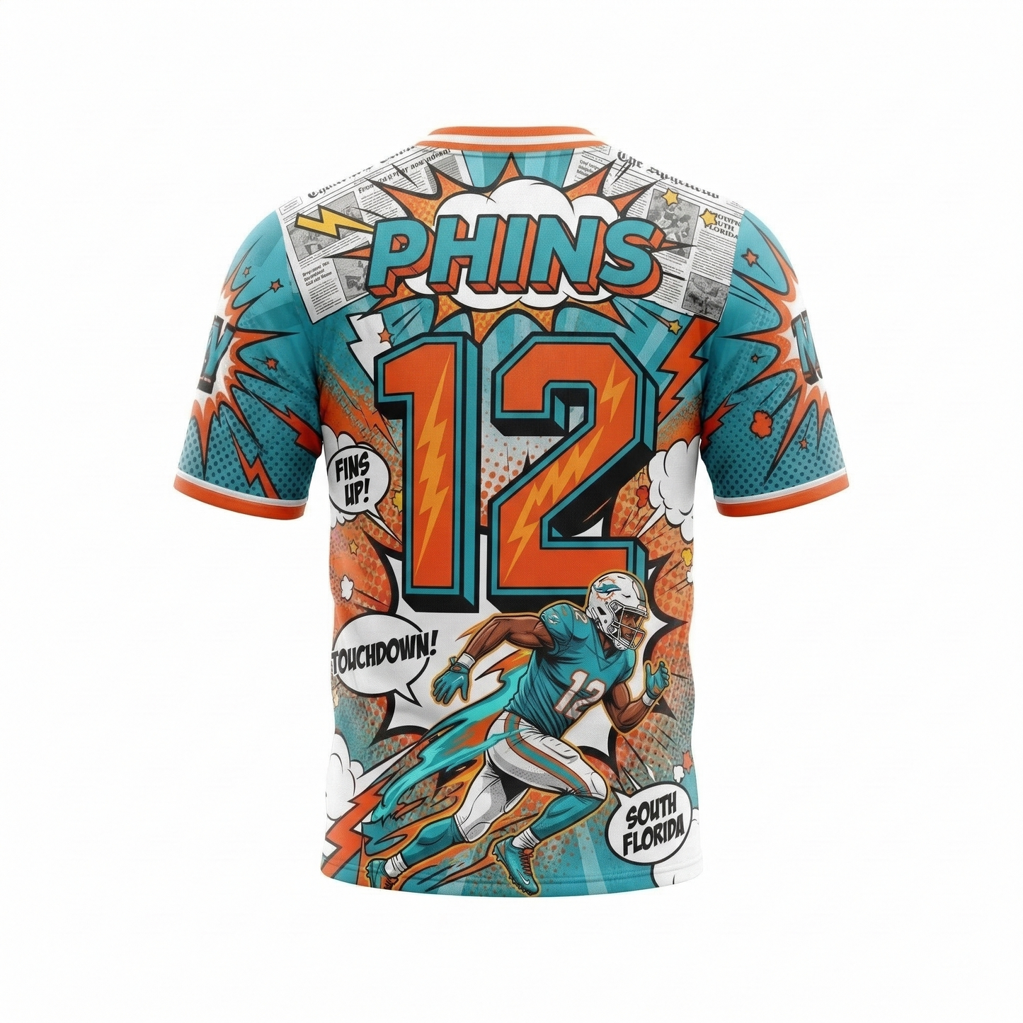 Vintage South Florida Gridiron Comic Art Football Jersey | Aqua & Orange Retro 90s Bootleg AOP
