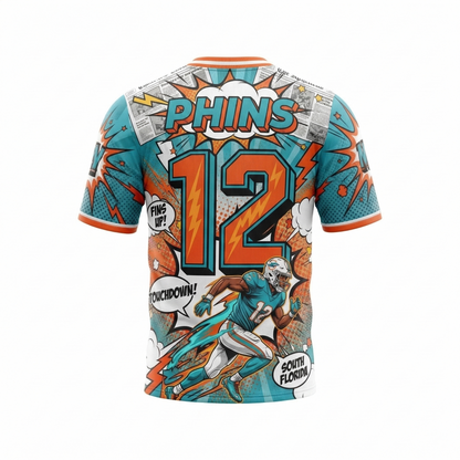 Vintage South Florida Gridiron Comic Art Football Jersey | Aqua & Orange Retro 90s Bootleg AOP