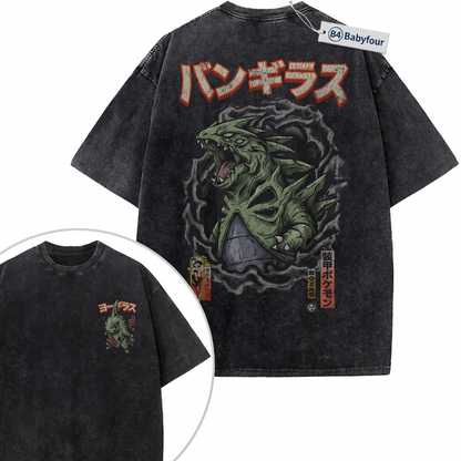 Vintage Green Rock Monster Evolution Graphic Tee, Retro Anime 2-Sided Print Unisex T-shirt