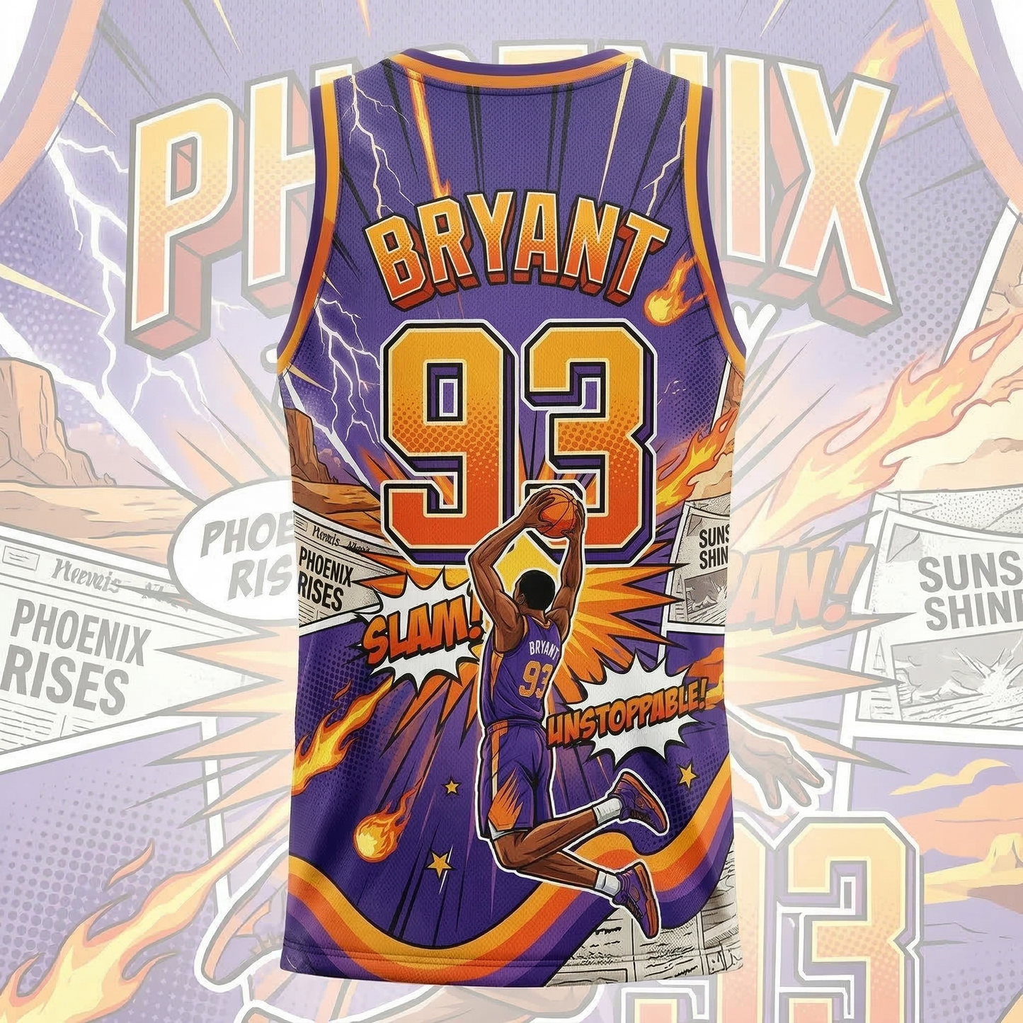 Phoenix Heritage "Valley Hoops" Comic Book Style Basketball Jersey - Purple/Orange Unisex AOP Fan Apparel