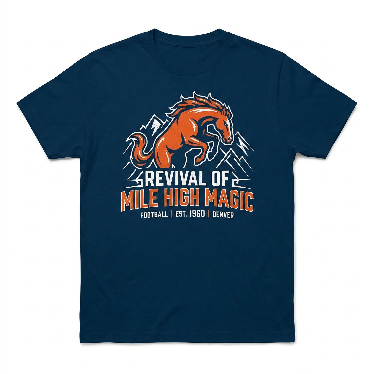 Navy blue t-shirt with orange horse graphic, mountain design, and 'Revival of Mile High Magic' football text.