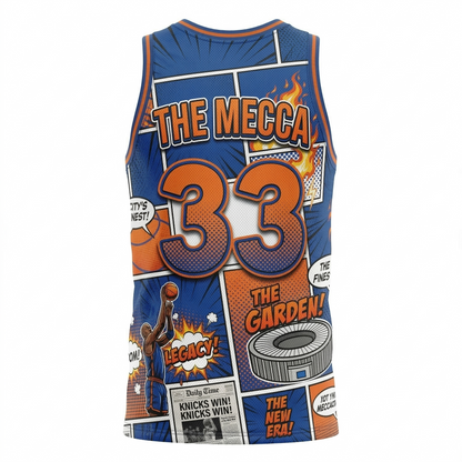 New York City Basketball Fan All-over-print AOP Unisex Tank Top Jersey, Comic Book Style, Orange & Blue, Moisture-Wicking Mesh Shirt