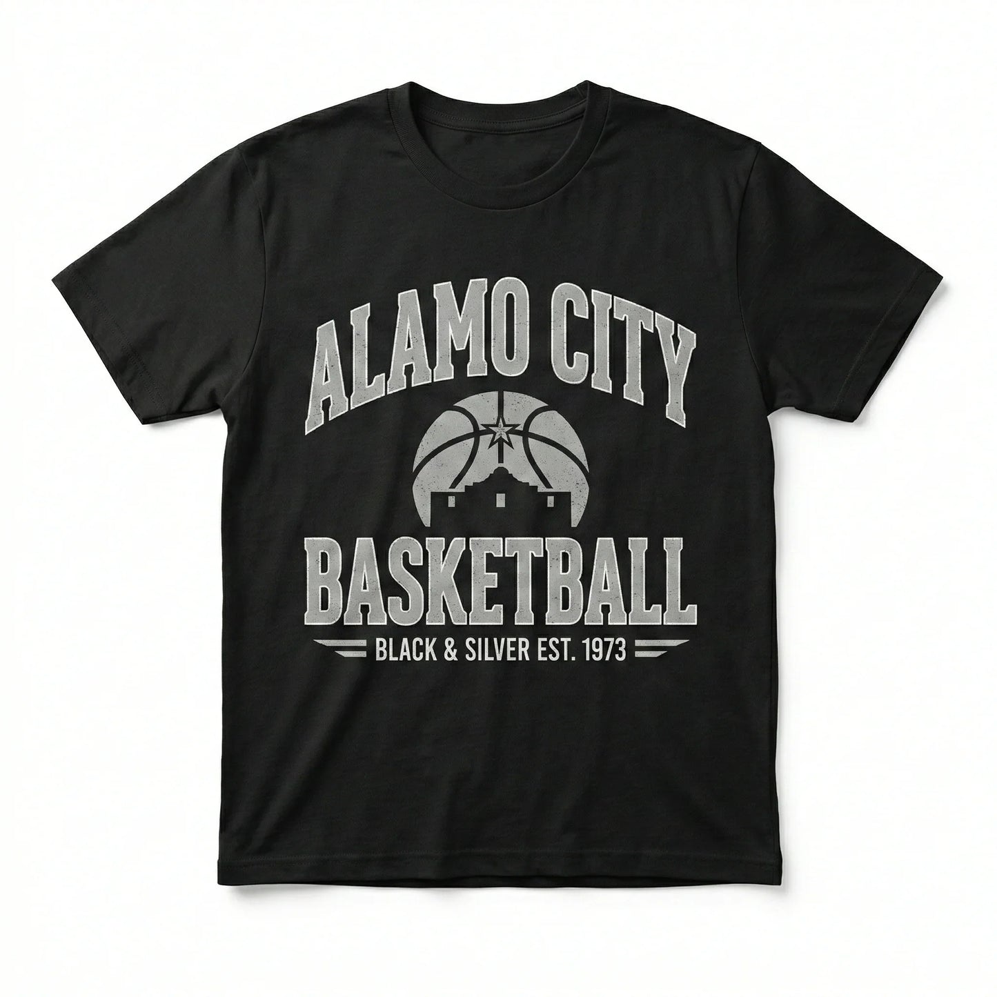 Black t-shirt with Alamo City Basketball graphic and vintage basketball design