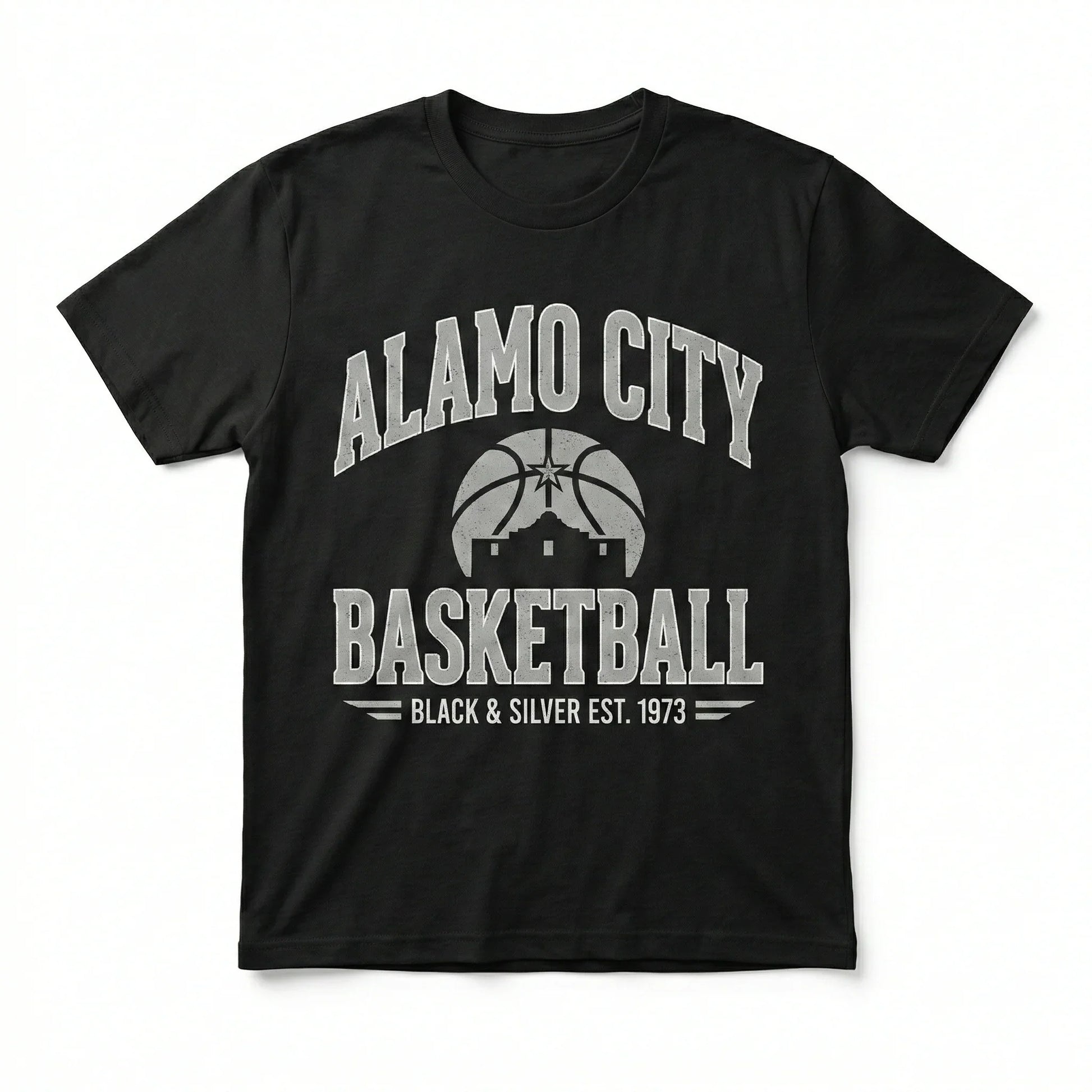 Black t-shirt with Alamo City Basketball graphic and vintage basketball design