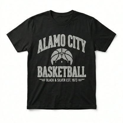 Black t-shirt with Alamo City Basketball graphic and vintage basketball design