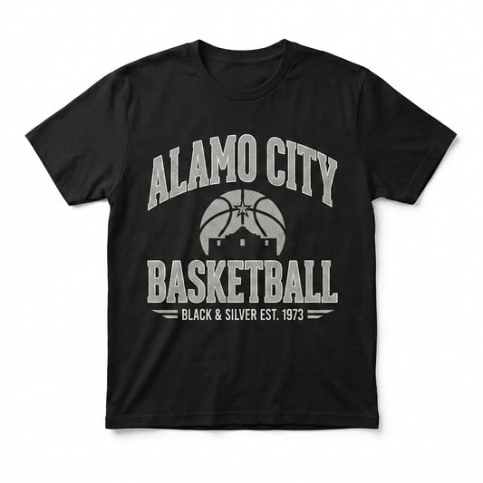 Black t-shirt with Alamo City Basketball graphic and vintage basketball design