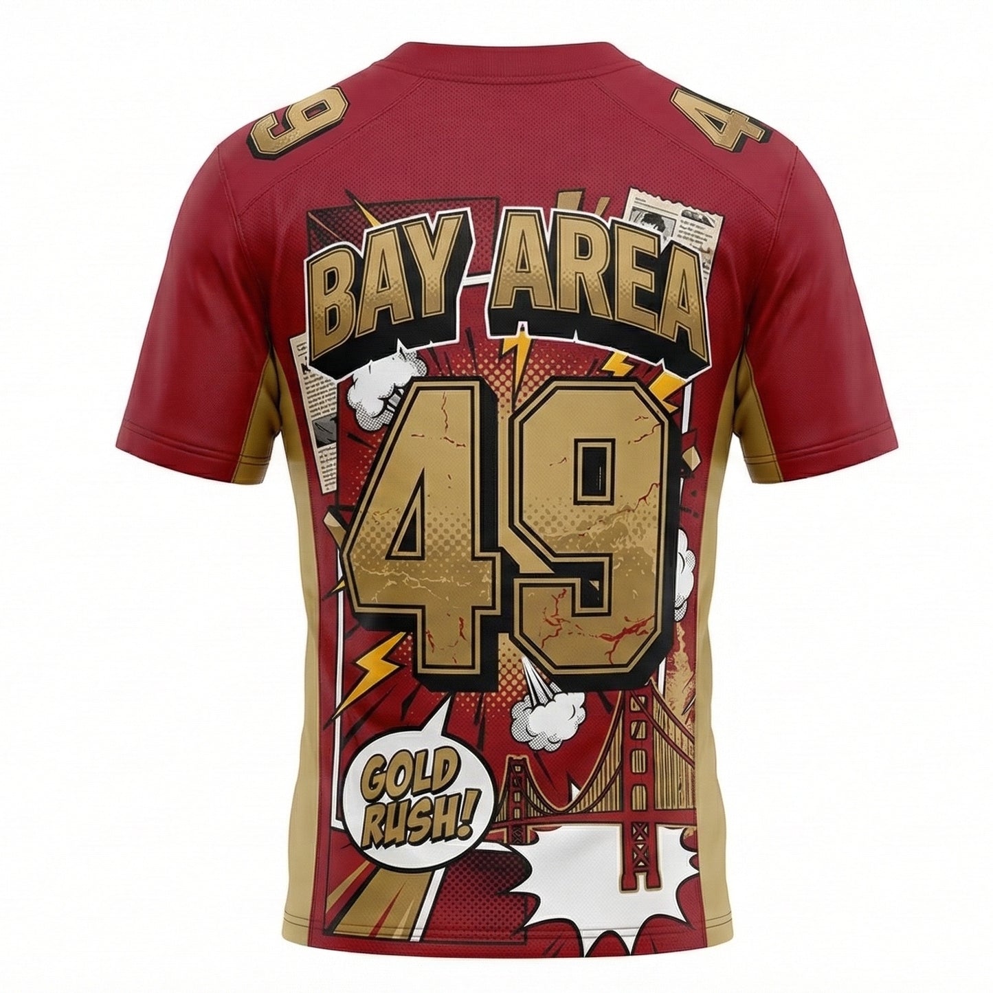 Unisex Bay Area Gold Rush Comic Style AOP Football Jersey - 90s Bootleg Gridiron Fan Gear Red & Gold
