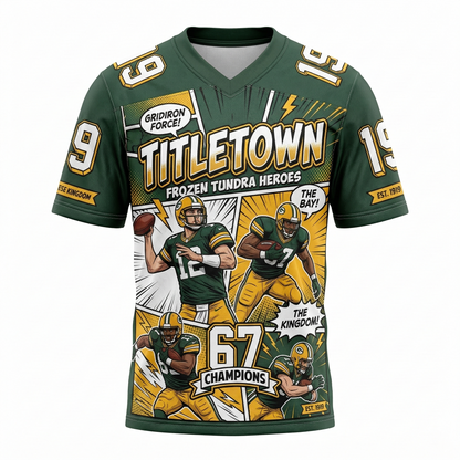 Vintage Titletown Gridiron Hero Comic Style Football Jersey - Green & Gold AOP
