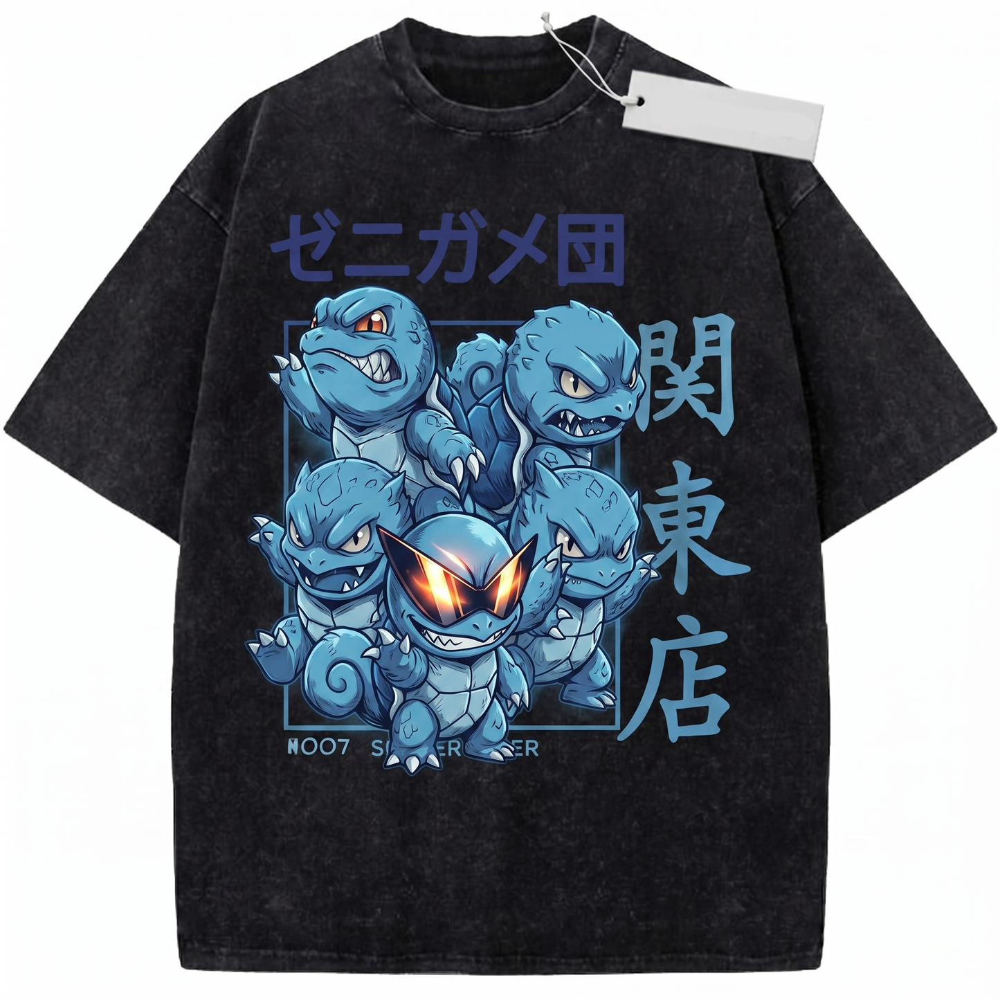 Retro Anime Water Turtle Squad Vintage Wash Graphic Tee - Japanese Streetwear Oversized Graphic Unisex T-shirt