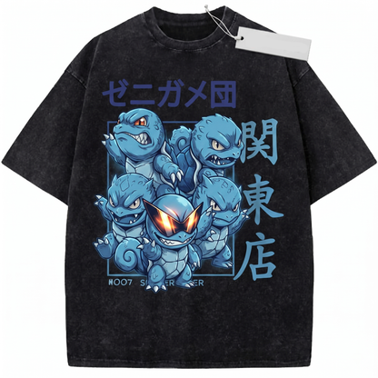 Retro Anime Water Turtle Squad Vintage Wash Graphic Tee - Japanese Streetwear Oversized Graphic Unisex T-shirt