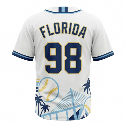 Unisex St. Petersburg Baseball Heritage Sublimated Jersey - Vintage Rays Style Button-Up - White/Navy/Sky Blue All-Over Print