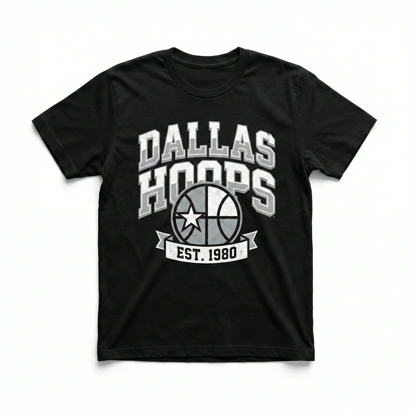 Black t-shirt with 'Dallas Hoops Est. 1980' and basketball graphic, sports apparel