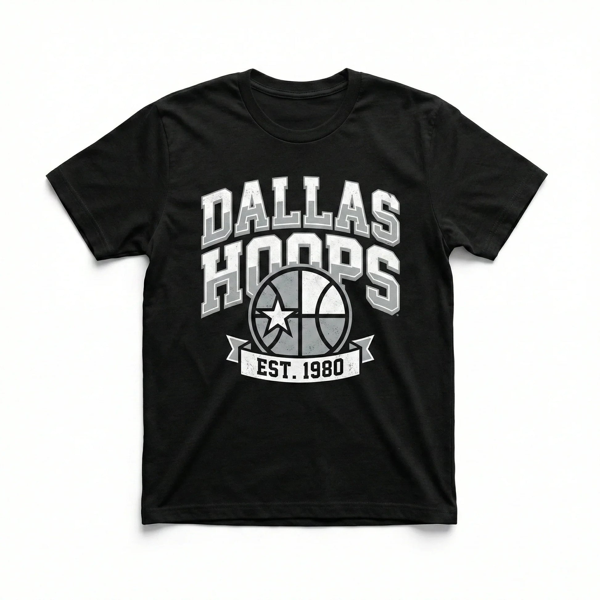 Black t-shirt with 'Dallas Hoops Est. 1980' and basketball graphic, sports apparel
