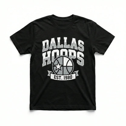 Black t-shirt with 'Dallas Hoops Est. 1980' and basketball graphic, sports apparel