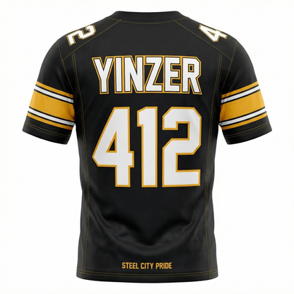 Steel City Gridiron Slogan Jersey | Black & Yellow Game Day Football Shirt | Yinzer Nation AOP Custom Apparel