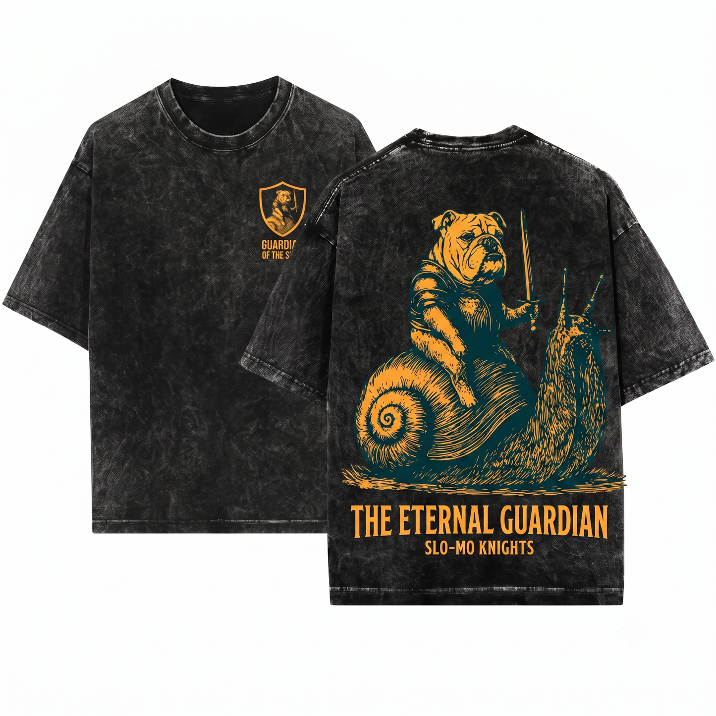 Funny Medieval Bulldog Knight Riding Snail Retro Grimdark Y2K Meme Dog Lover Gift Unisex Heavyweight Garment-Dyed T-Shirt