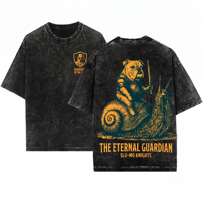 Funny Medieval Bulldog Knight Riding Snail Retro Grimdark Y2K Meme Dog Lover Gift Unisex Heavyweight Garment-Dyed T-Shirt