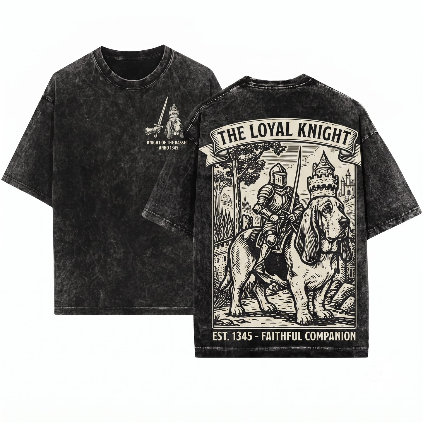 Retro 90s Medieval Basset Hound Knight Graphic Tee Vintage Dark Art Grimdark Funny Dog Meme Unisex Heavyweight Garment-Dyed T-Shirt