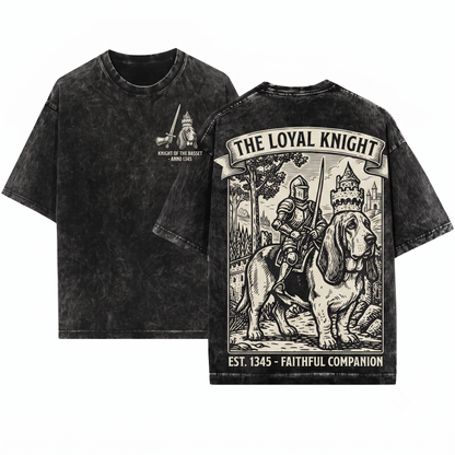 Retro 90s Medieval Basset Hound Knight Graphic Tee Vintage Dark Art Grimdark Funny Dog Meme Unisex Heavyweight Garment-Dyed T-Shirt