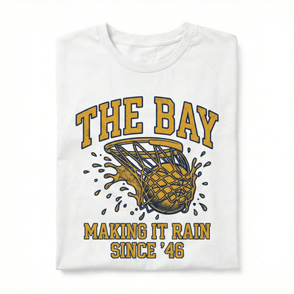 White t-shirt with graphic basketball net design and text 'The Bay Making It Rain Since '46'.