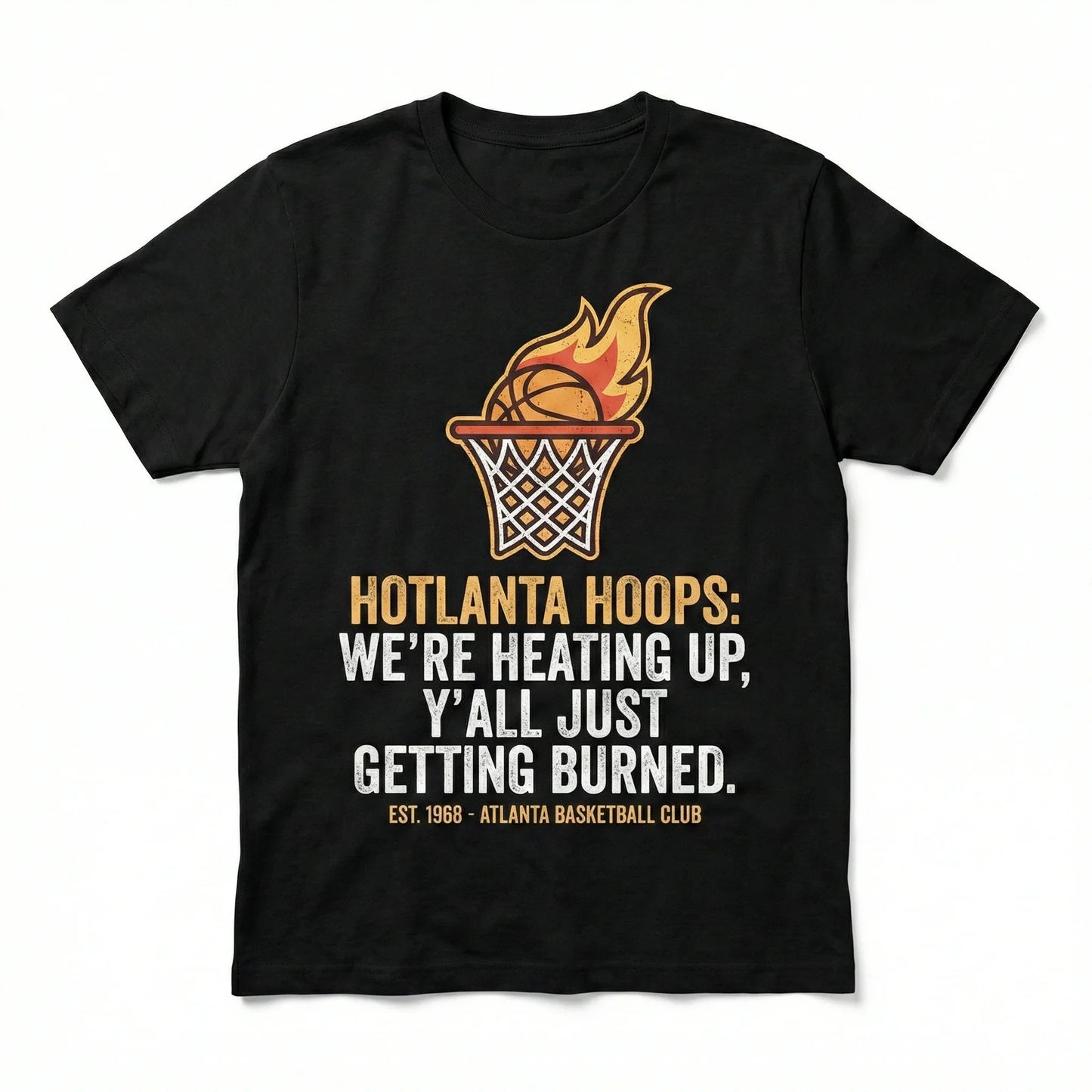 Black t-shirt with flaming basketball hoop graphic and Hotlanta Hoops slogan for sports fans