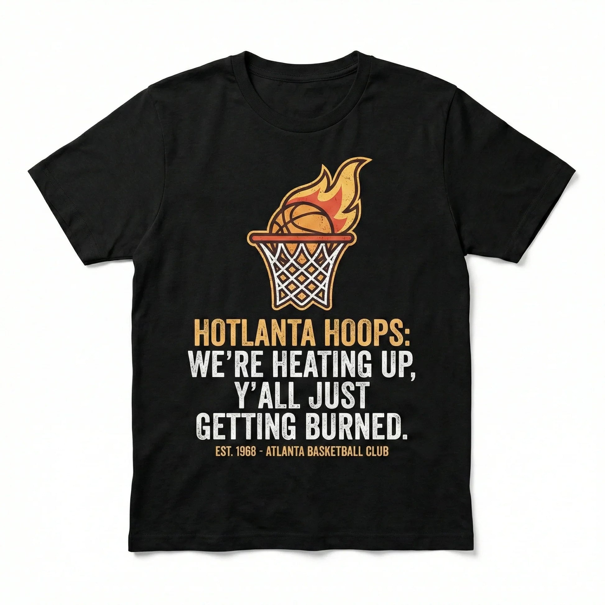 Black t-shirt with flaming basketball hoop graphic and Hotlanta Hoops slogan for sports fans