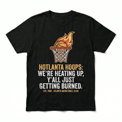 Black t-shirt with flaming basketball hoop graphic and Hotlanta Hoops slogan for sports fans