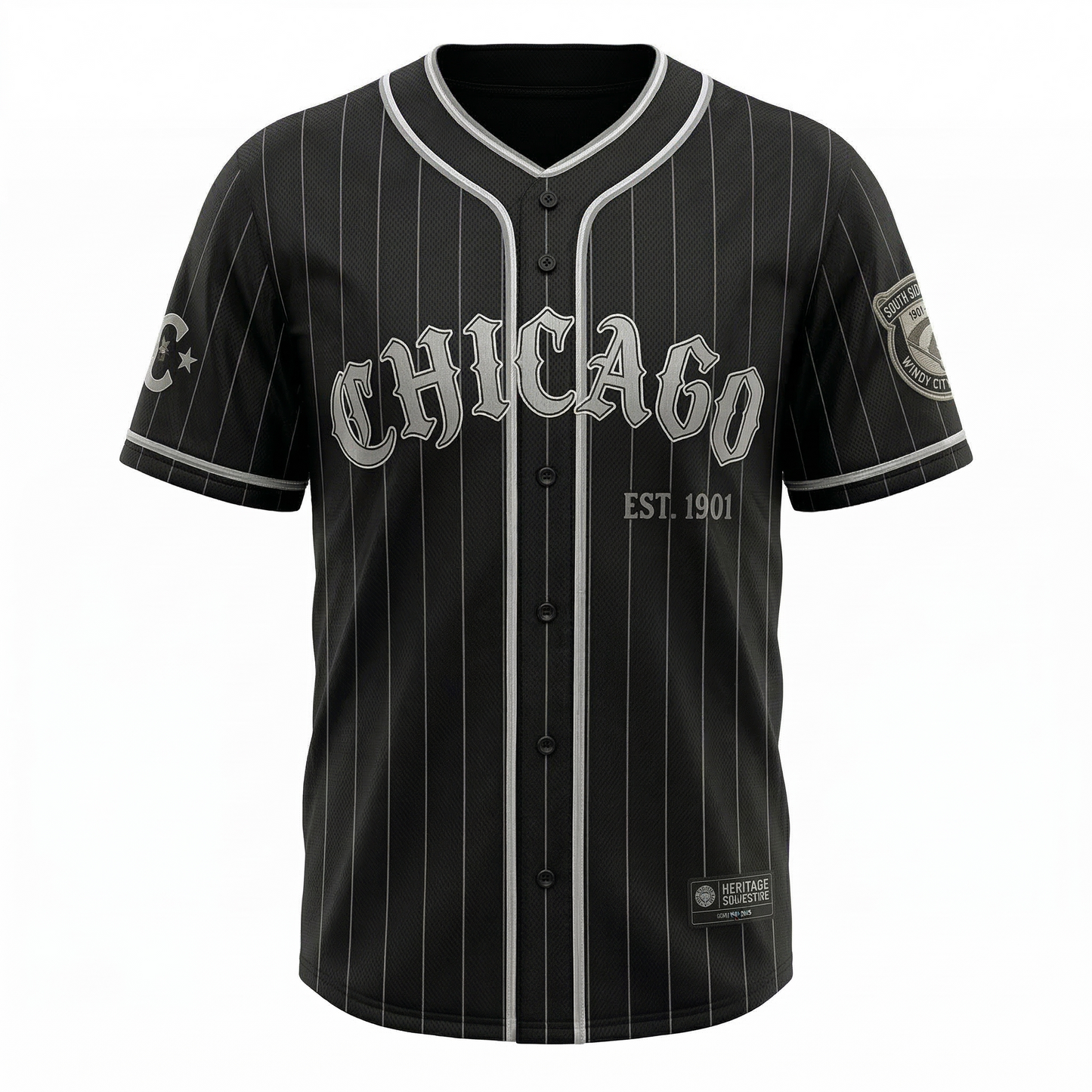 South Side Chicago Baseball Heritage Jersey - Pro-Grade Performance Mesh Button-Up - Black & Silver Vintage Edition - Unisex Athletic Fit