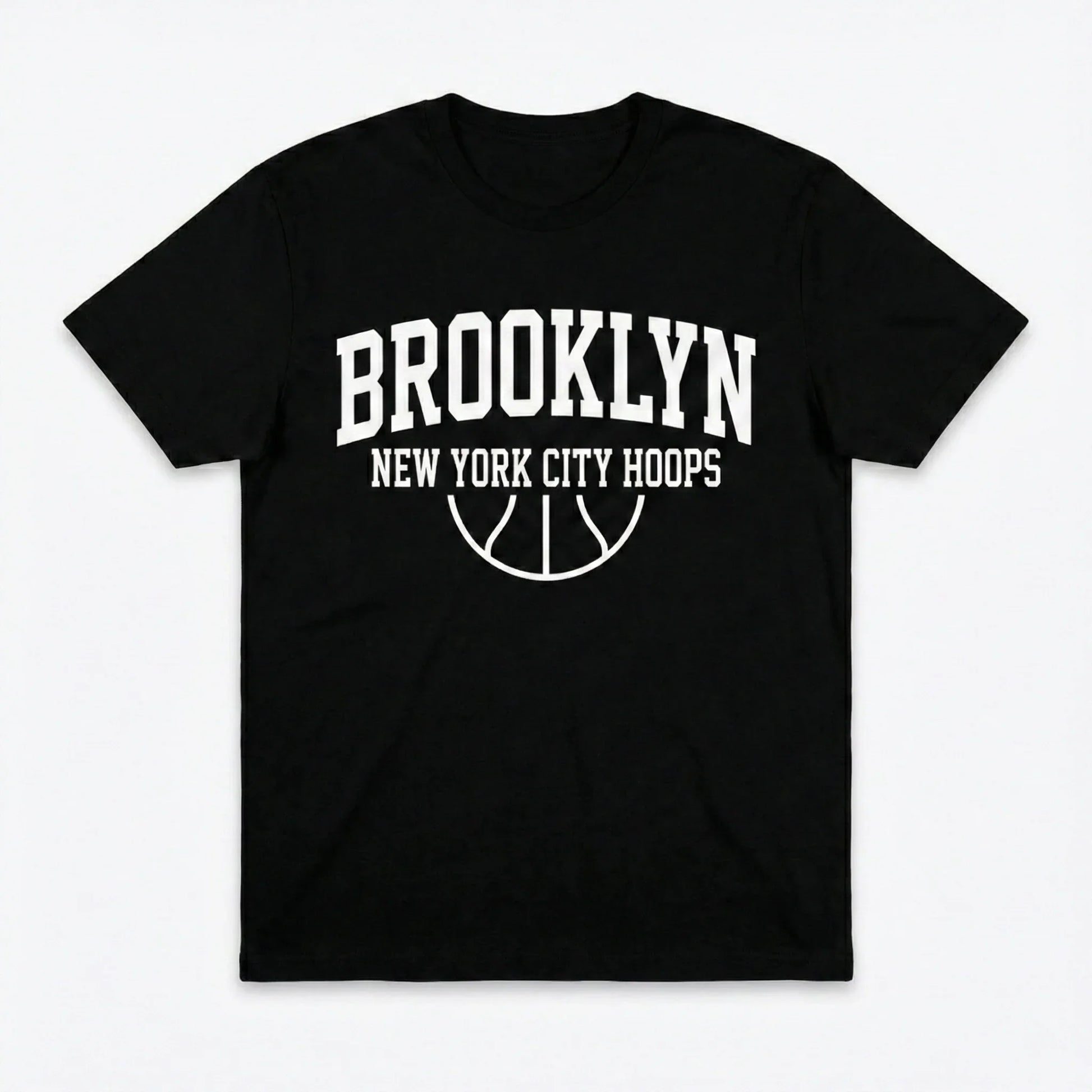 Black t-shirt with white 'Brooklyn New York City Hoops' text and basketball graphic