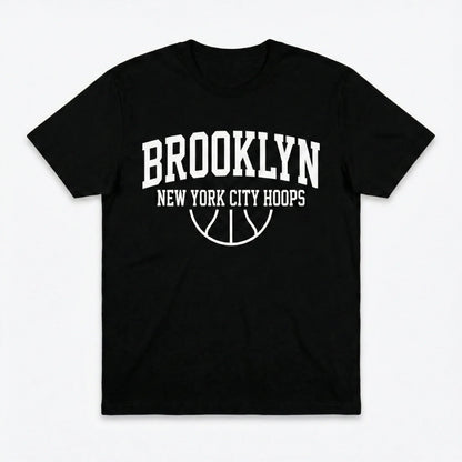 Black t-shirt with white 'Brooklyn New York City Hoops' text and basketball graphic