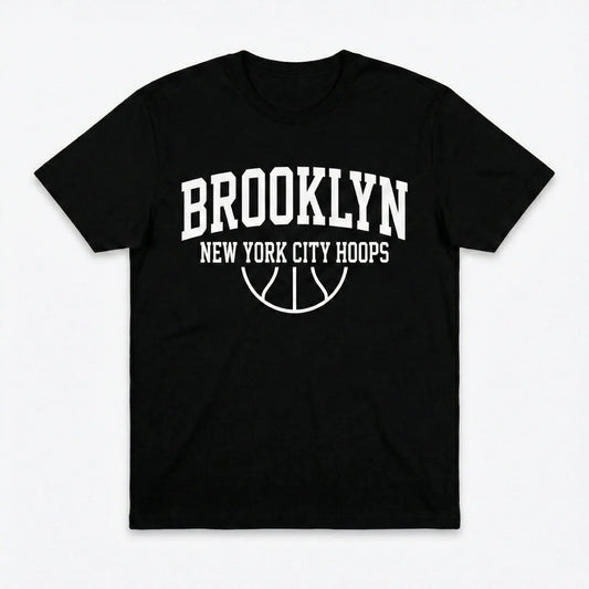 Black t-shirt with white 'Brooklyn New York City Hoops' text and basketball graphic