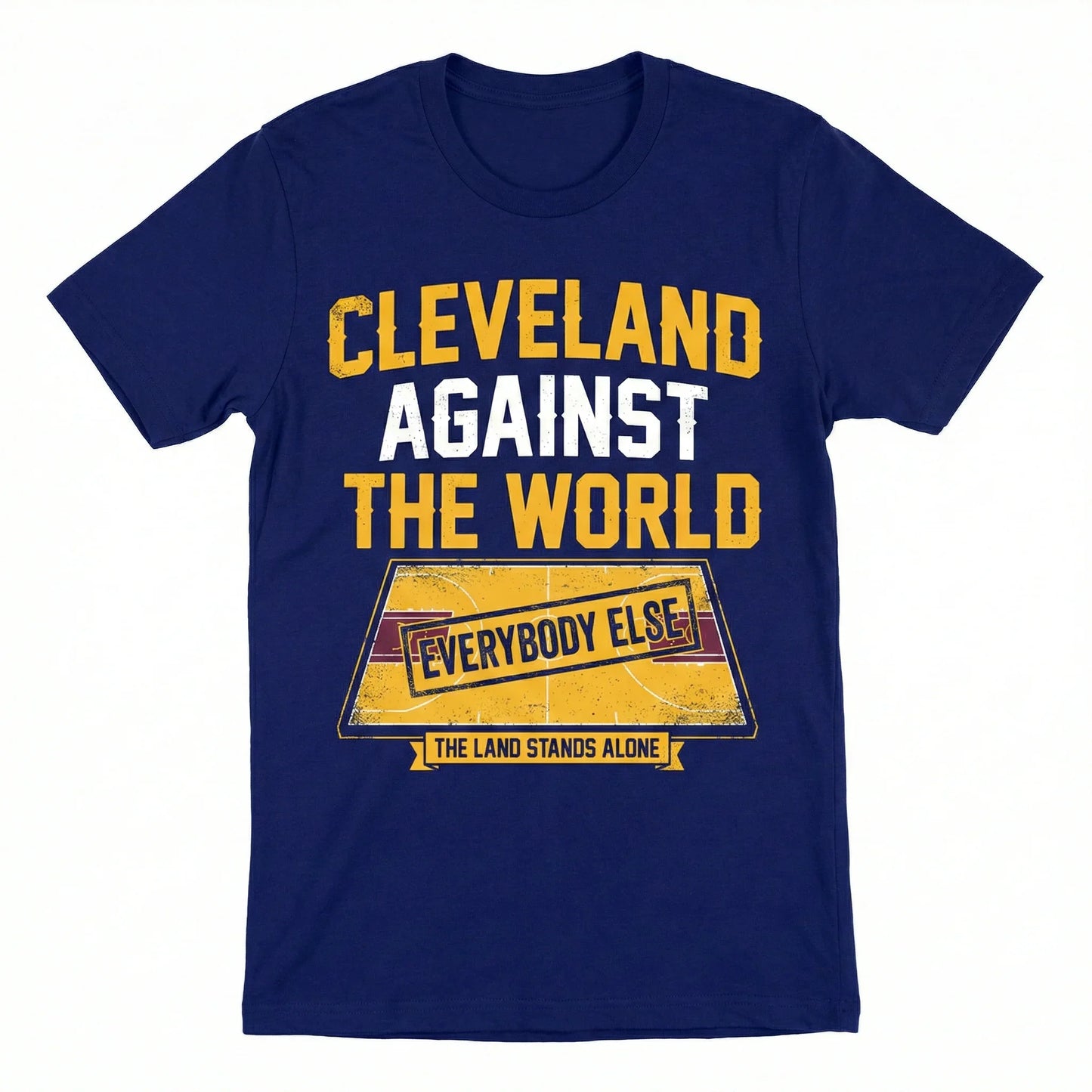 Navy blue graphic t-shirt with yellow and white text reading 'Cleveland Against The World'.