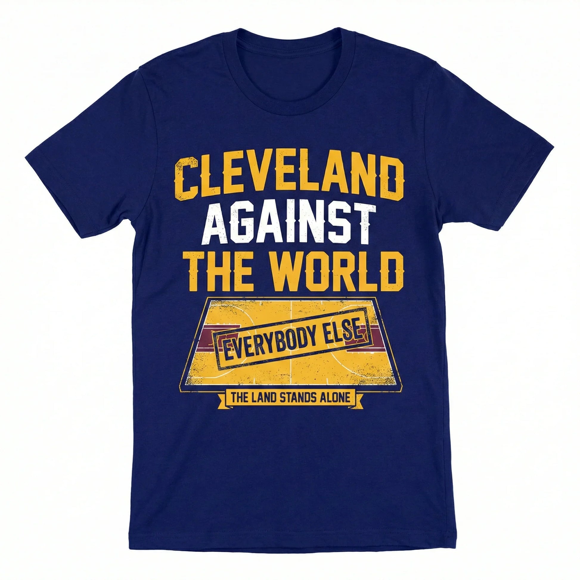 Navy blue graphic t-shirt with yellow and white text reading 'Cleveland Against The World'.