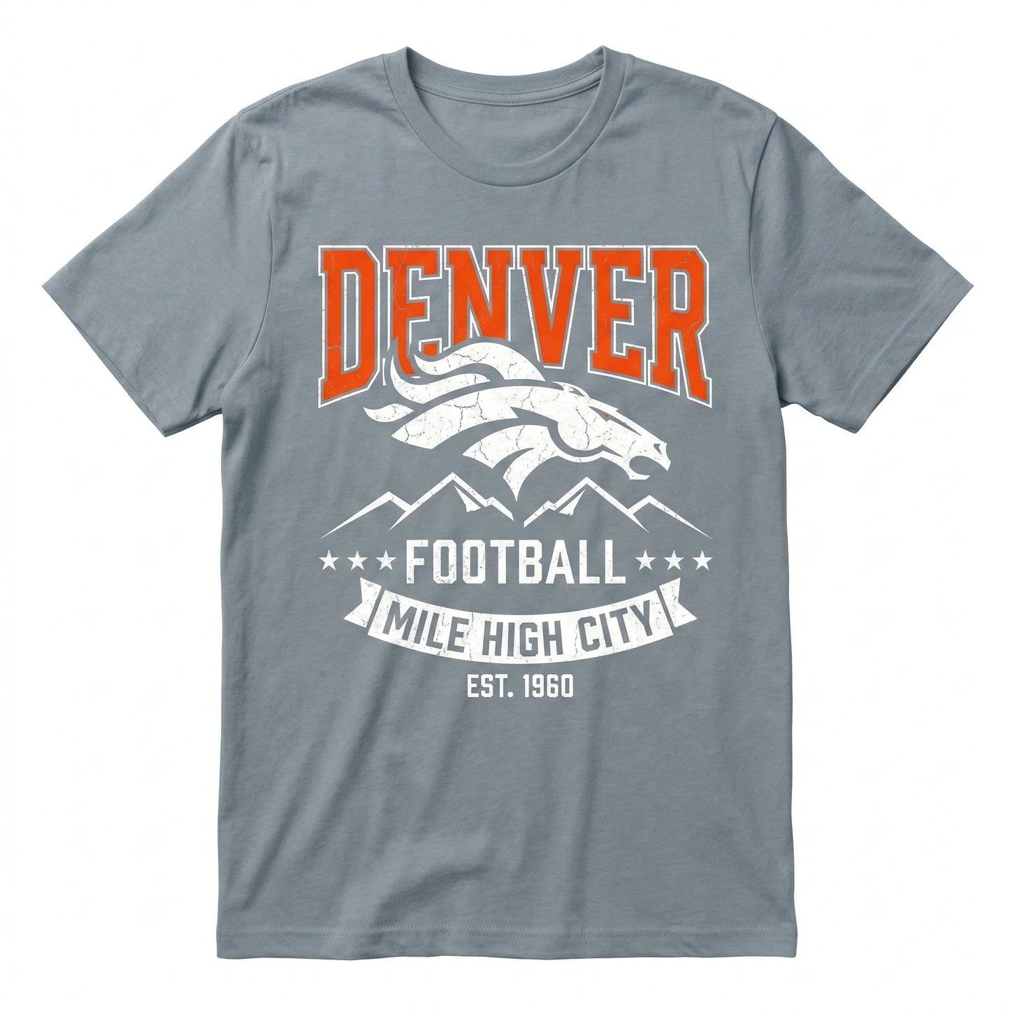 Gray Denver football graphic t-shirt with mountain and bronco design, Mile High City print
