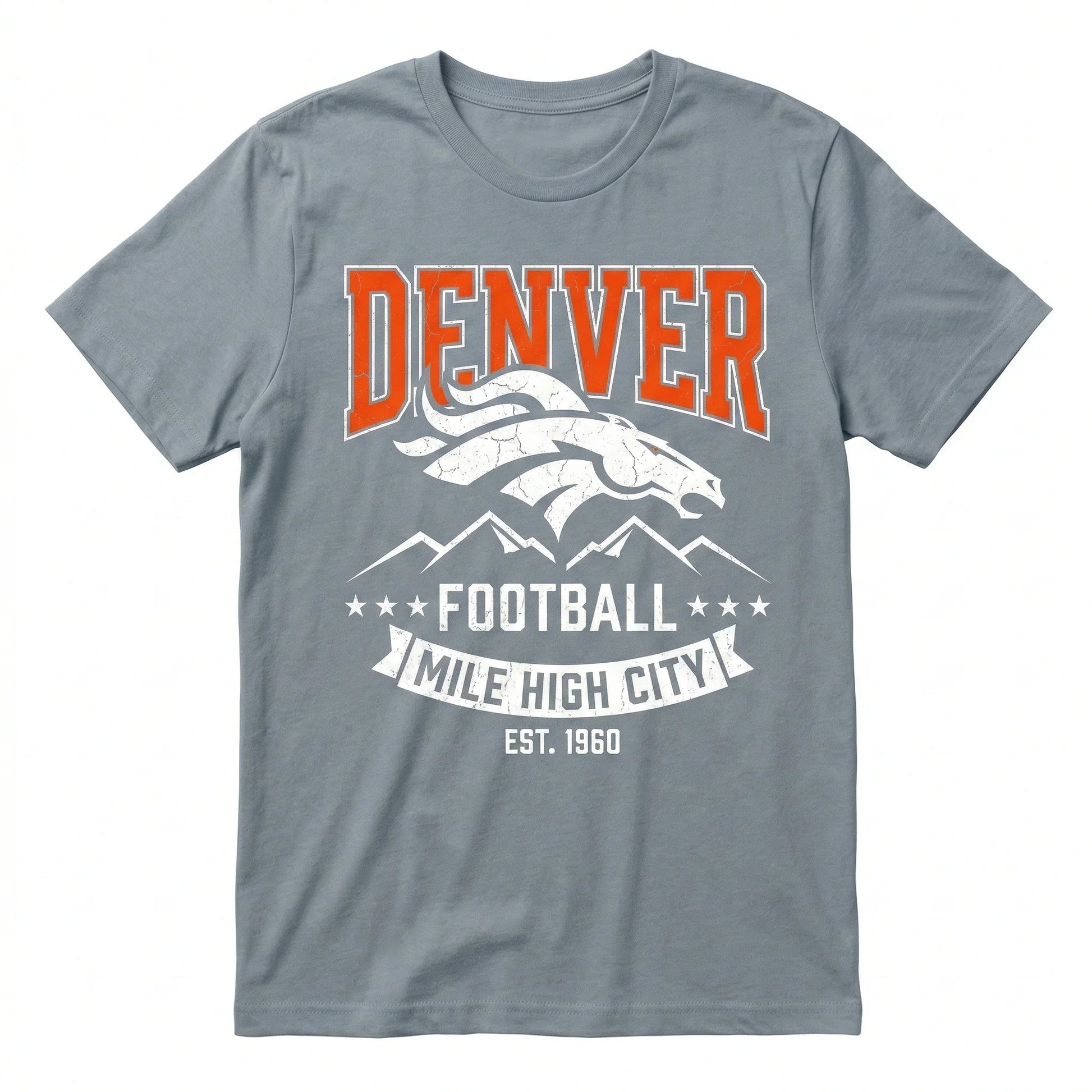 Gray Denver football graphic t-shirt with mountain and bronco design, Mile High City print