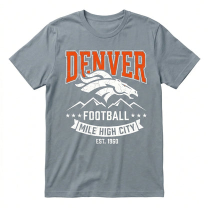 Gray Denver football graphic t-shirt with mountain and bronco design, Mile High City print