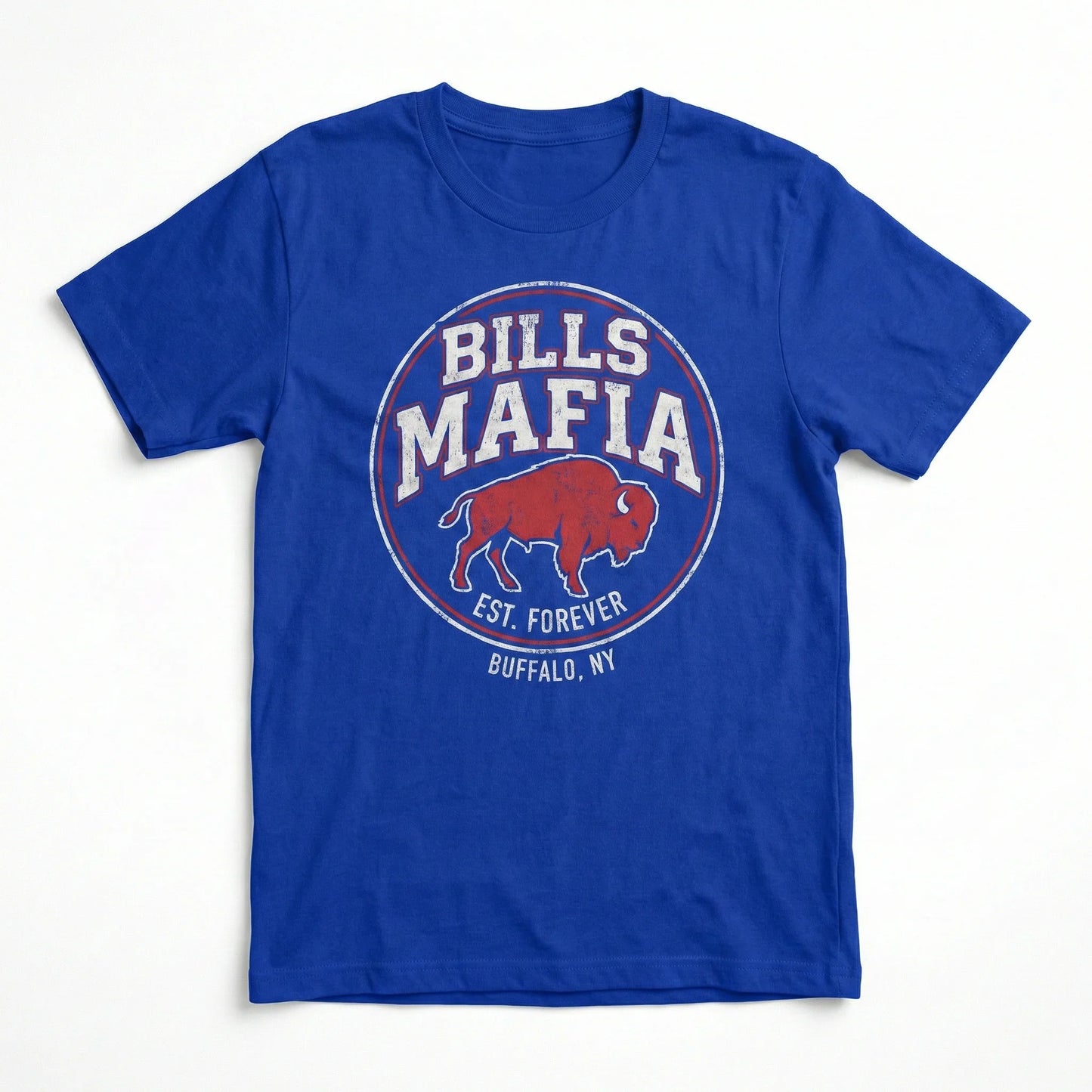 Blue graphic t-shirt with Bills Mafia Buffalo NY logo and red buffalo design, outdoor apparel