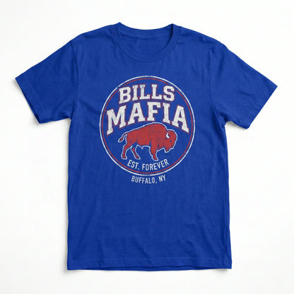 Blue graphic t-shirt with Bills Mafia Buffalo NY logo and red buffalo design, outdoor apparel