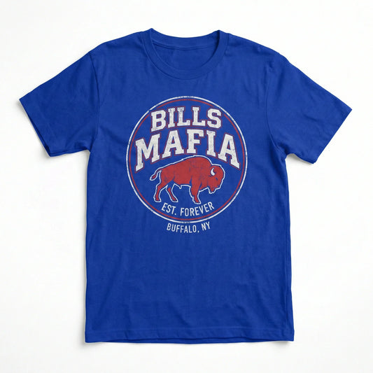 Blue graphic t-shirt with Bills Mafia Buffalo NY logo and red buffalo design, outdoor apparel