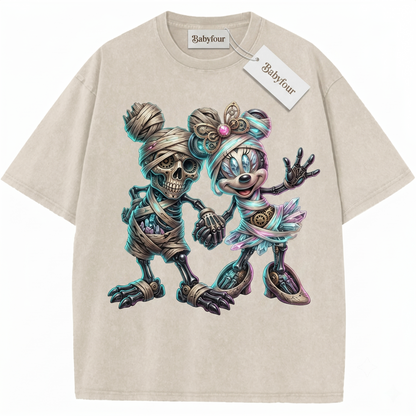 Retro Spooky Cartoon Mouse Couple Halloween Graphic Tee Vintage Animated Mice Outfit Unisex T-shirt