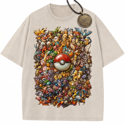 Retro Anime Creatures Pocket Monsters Graphic Top - Vintage Distressed Style Apricot Unisex T-Shirt
